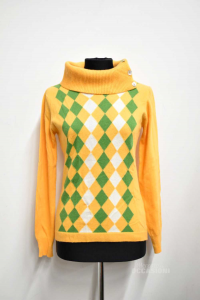 Sweater Woman Melaverde With Cashmere Size.m Yellow Green White Rhombuses