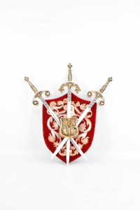 Coat Of Arms Decorative With 3 Spade Crossed,plastic And Metal,on Base Velvet 29x22 Cm