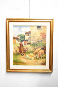 Painting Painted 69x79 Cm F.levati Contadine With Sheep In Farm Frame Golden