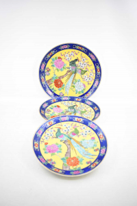 Tris Ceramic Plates 25 -28 -31 Cm Diameter Style Oriental Blue And Yellow