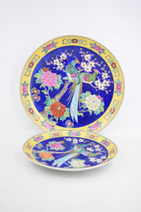 Pair Plates Decorative Ceramic Style Oriental Blue Yellow With Pavoni 24 And 31 Cm